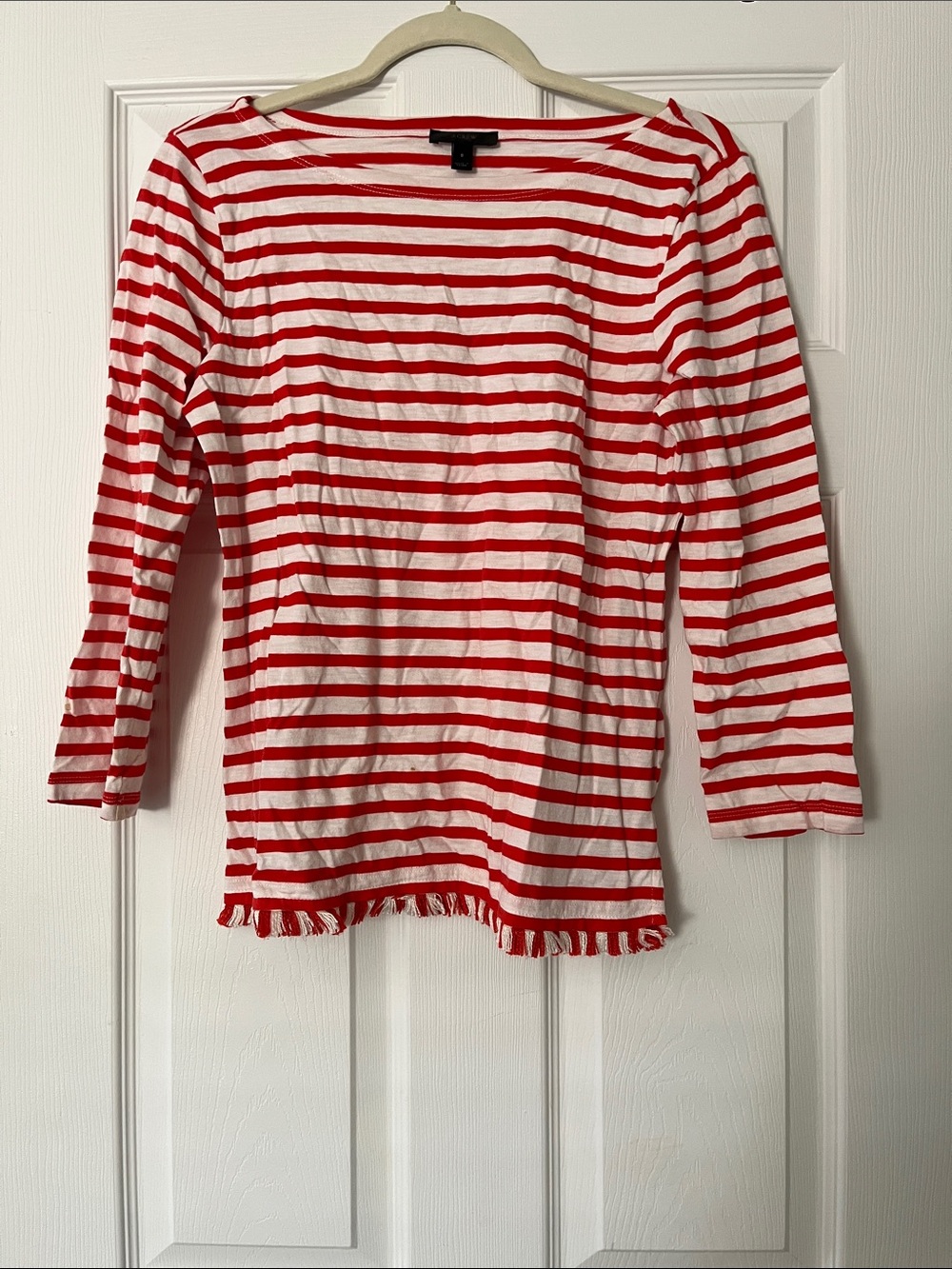 J. Crew Red & White Striped Long-Sleeve Top with Frill Hem